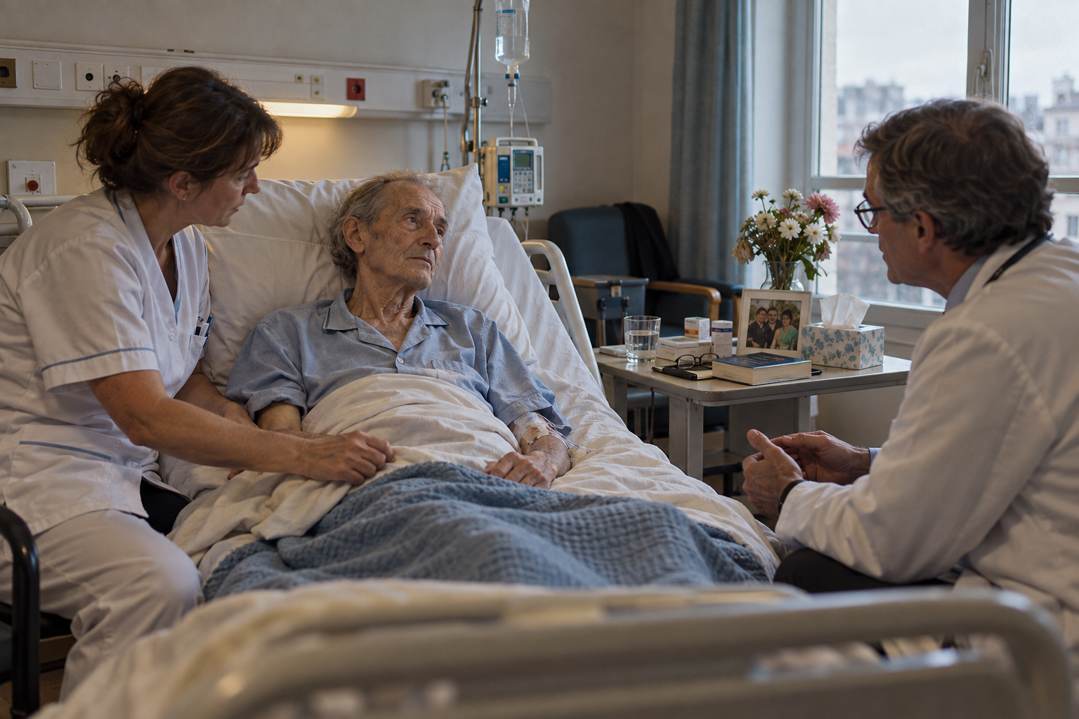 Un patient gravement malade et perfusé échange avec un médecin tandis qu’une infirmière prend soin de lui.