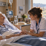 Patient atteint d’un cancer en pyjama et sous perfusion accompagné par une infirmière dans une unité de soins palliatifs.