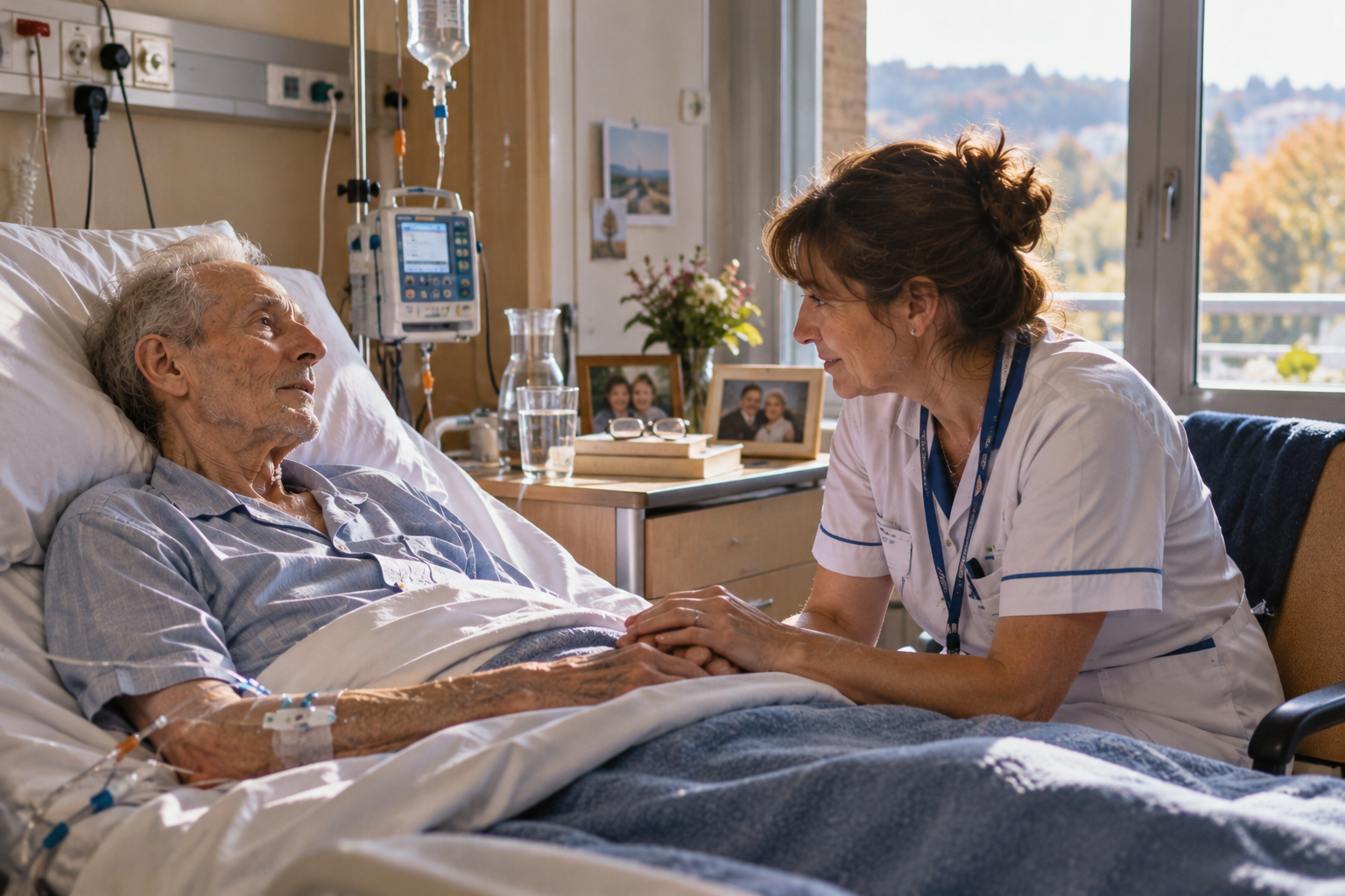 Patient atteint d’un cancer en pyjama et sous perfusion accompagné par une infirmière dans une unité de soins palliatifs.