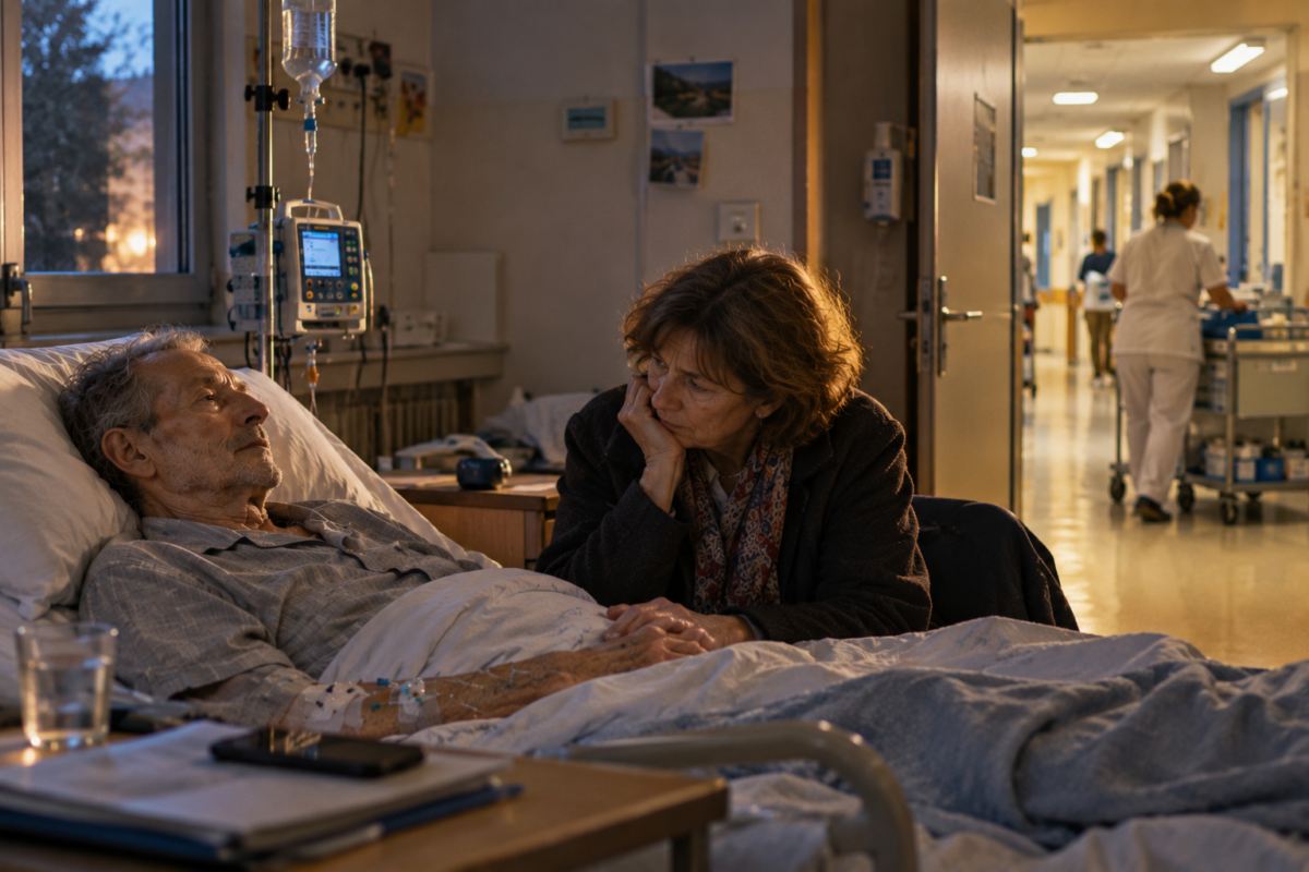 Patient gravement malade sous perfusion accompagné par son épouse dans une chambre d’hôpital pendant qu’une infirmière passe dans le couloir.