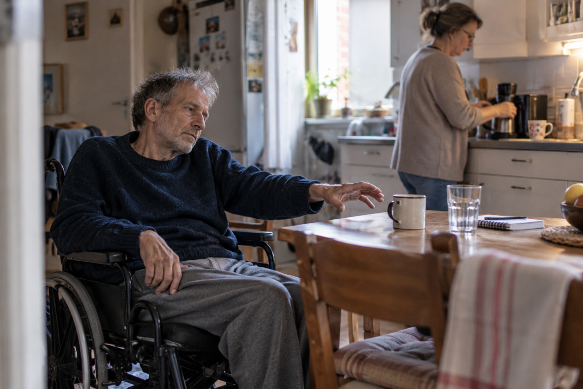 Homme malade et fatigué dans un fauteuil roulant, assis près d'une table dans sa cuisine.