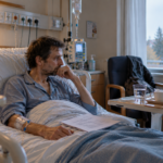 Homme jeune gravement malade, en pyjama et sous perfusion, assis dans son lit d'hôpital après un entretien médical.