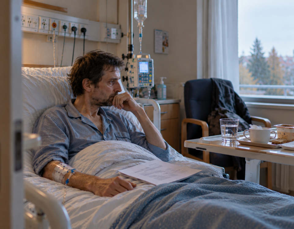 Homme jeune gravement malade, en pyjama et sous perfusion, assis dans son lit d'hôpital après un entretien médical.