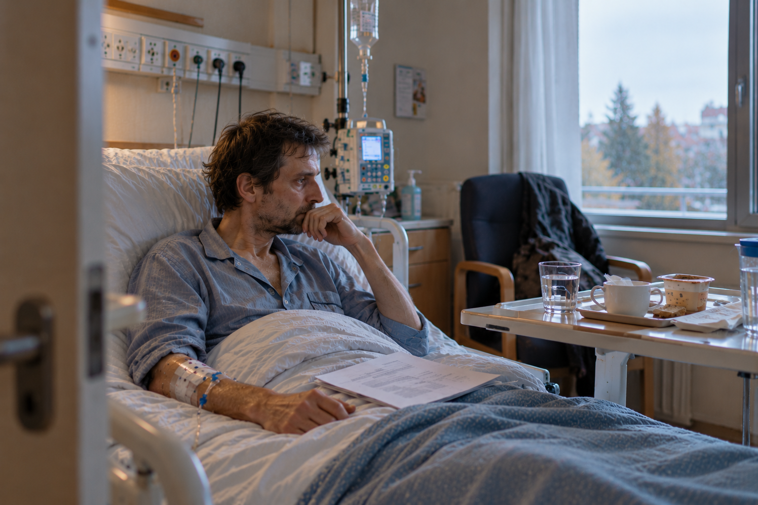 Homme jeune gravement malade, en pyjama et sous perfusion, assis dans son lit d'hôpital après un entretien médical.