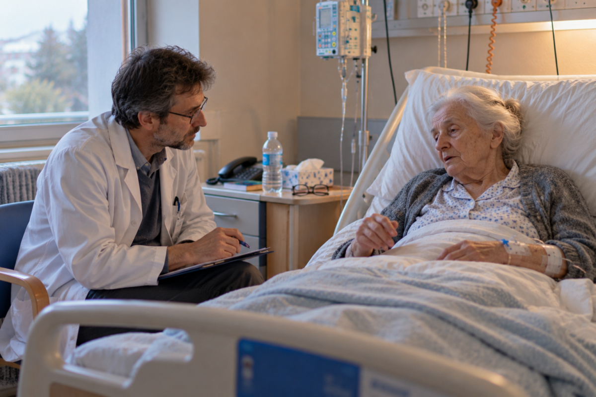 Médecin assis auprès d'une patiente âgée très fatiguée, en pyjama et sous perfusion, dans une chambre d'hôpital.