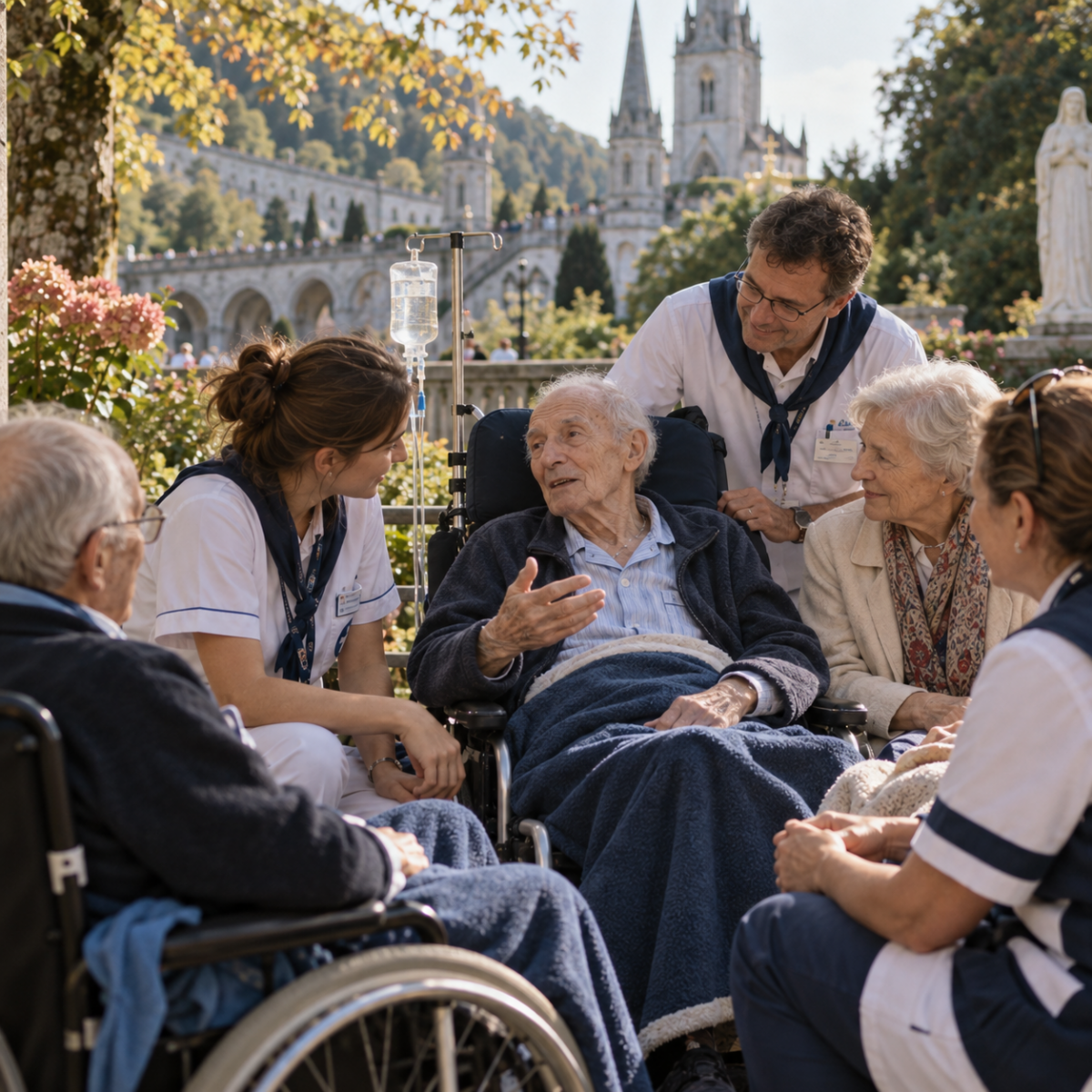 Un homme gravement malade en fauteuil parle avec des hospitaliers et des pèlerins réunis autour de lui à Lourdes.