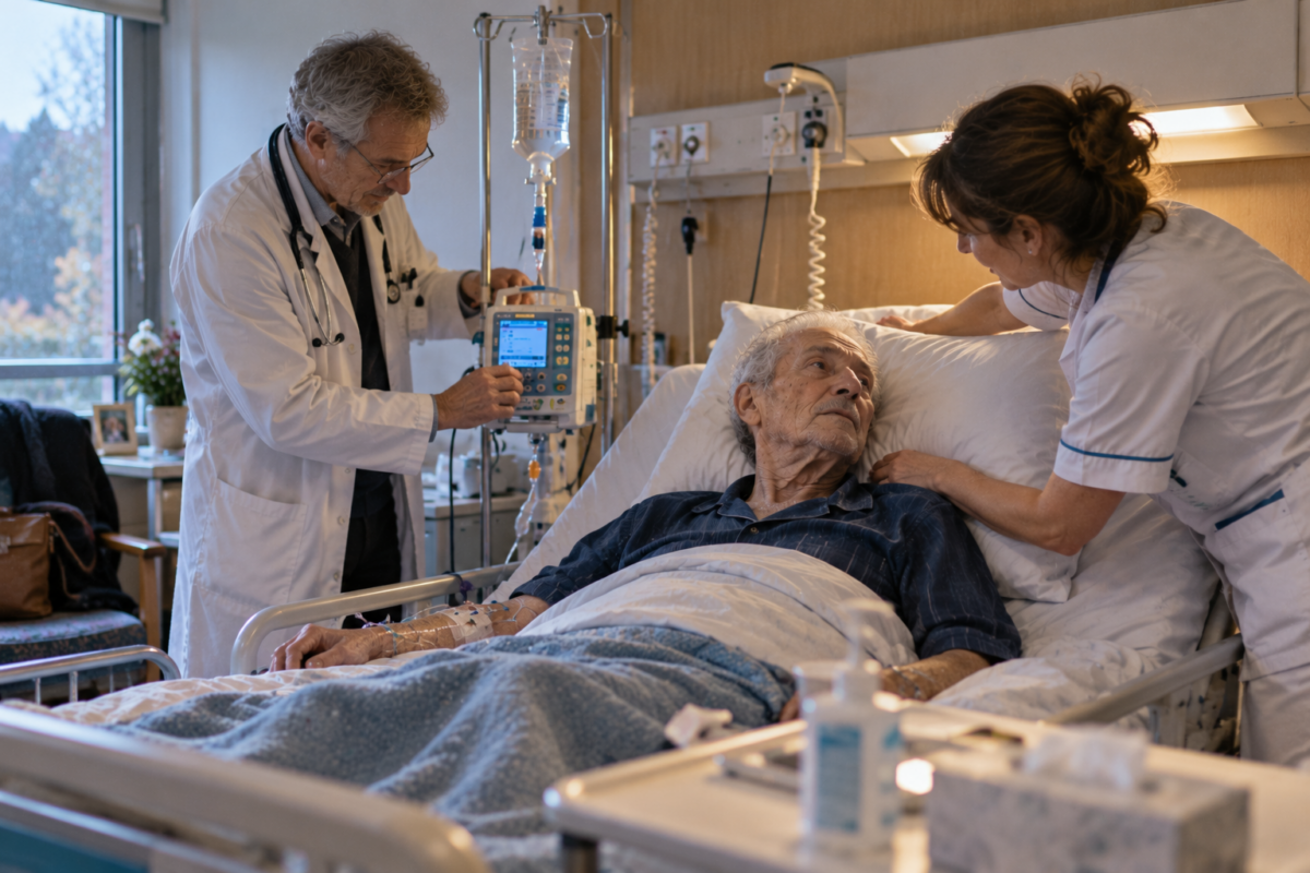 Médecin et infirmière accompagnant un patient gravement malade en pyjama et sous perfusion dans une unité de soins palliatifs.