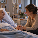 Femme tenant la main de son père gravement malade, en pyjama et sous perfusion, dans une chambre d'hôpital.