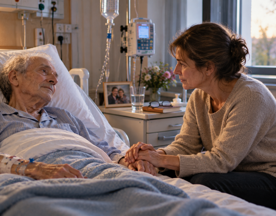 Femme tenant la main de son père gravement malade, en pyjama et sous perfusion, dans une chambre d'hôpital.