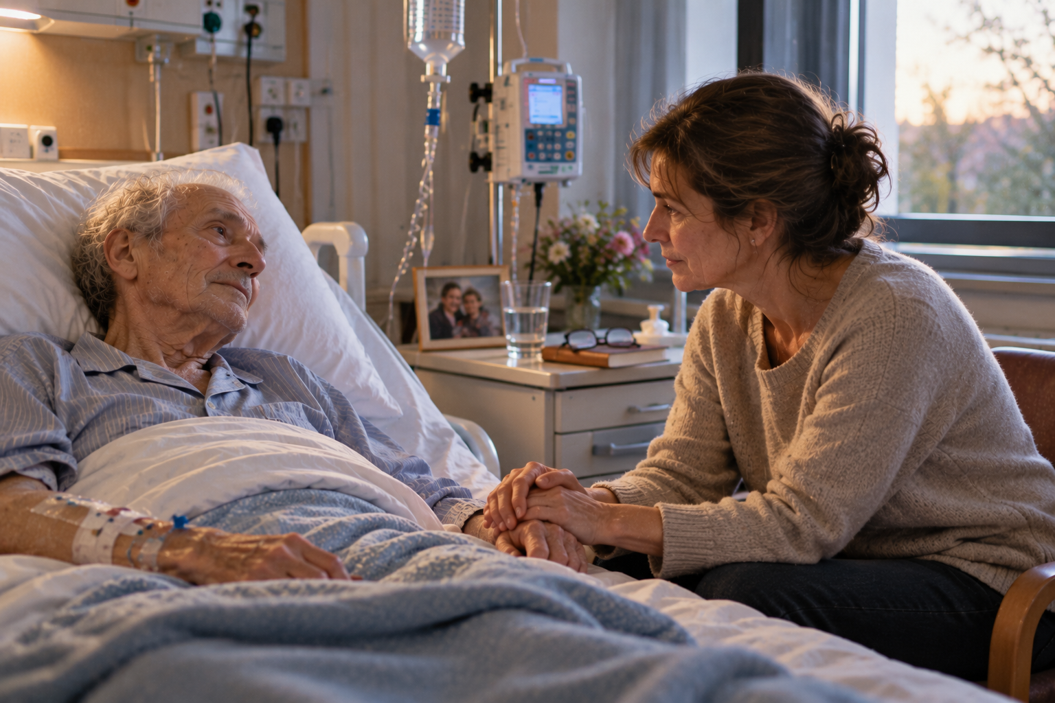 Femme tenant la main de son père gravement malade, en pyjama et sous perfusion, dans une chambre d'hôpital.