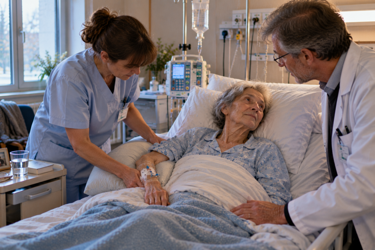 Médecin et infirmière soulageant une femme gravement malade en pyjama et sous perfusion dans une unité de soins palliatifs.