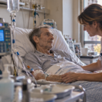 Homme atteint d’un cancer en pyjama et sous perfusion pendant qu’une infirmière vérifie son traitement à l’hôpital.