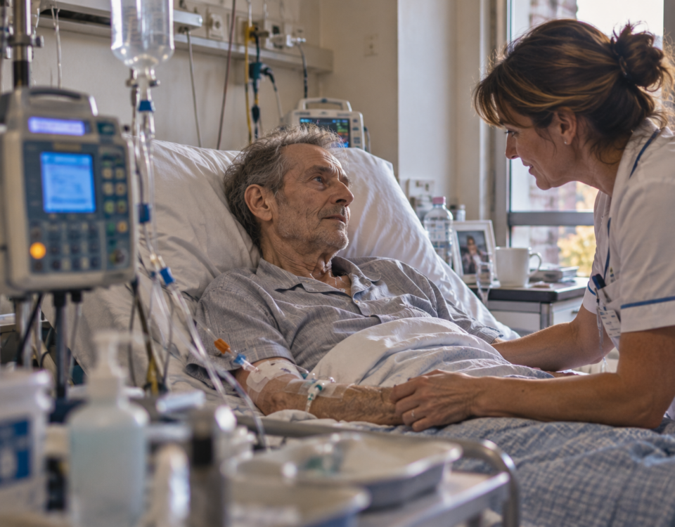 Homme atteint d’un cancer en pyjama et sous perfusion pendant qu’une infirmière vérifie son traitement à l’hôpital.