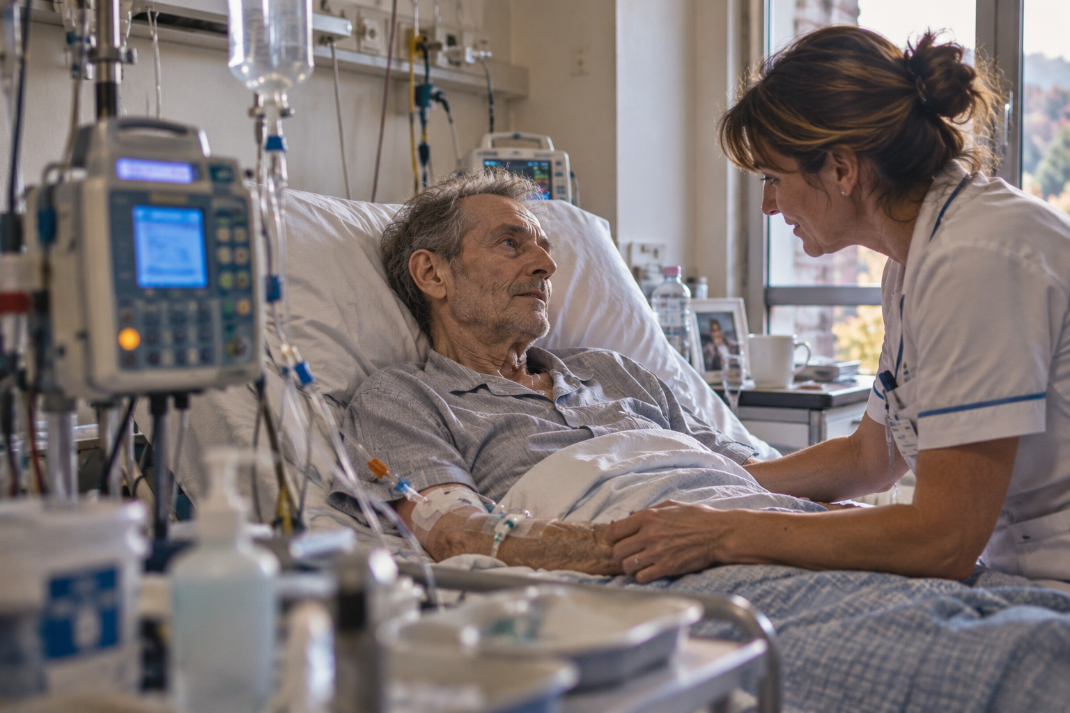 Homme atteint d’un cancer en pyjama et sous perfusion pendant qu’une infirmière vérifie son traitement à l’hôpital.