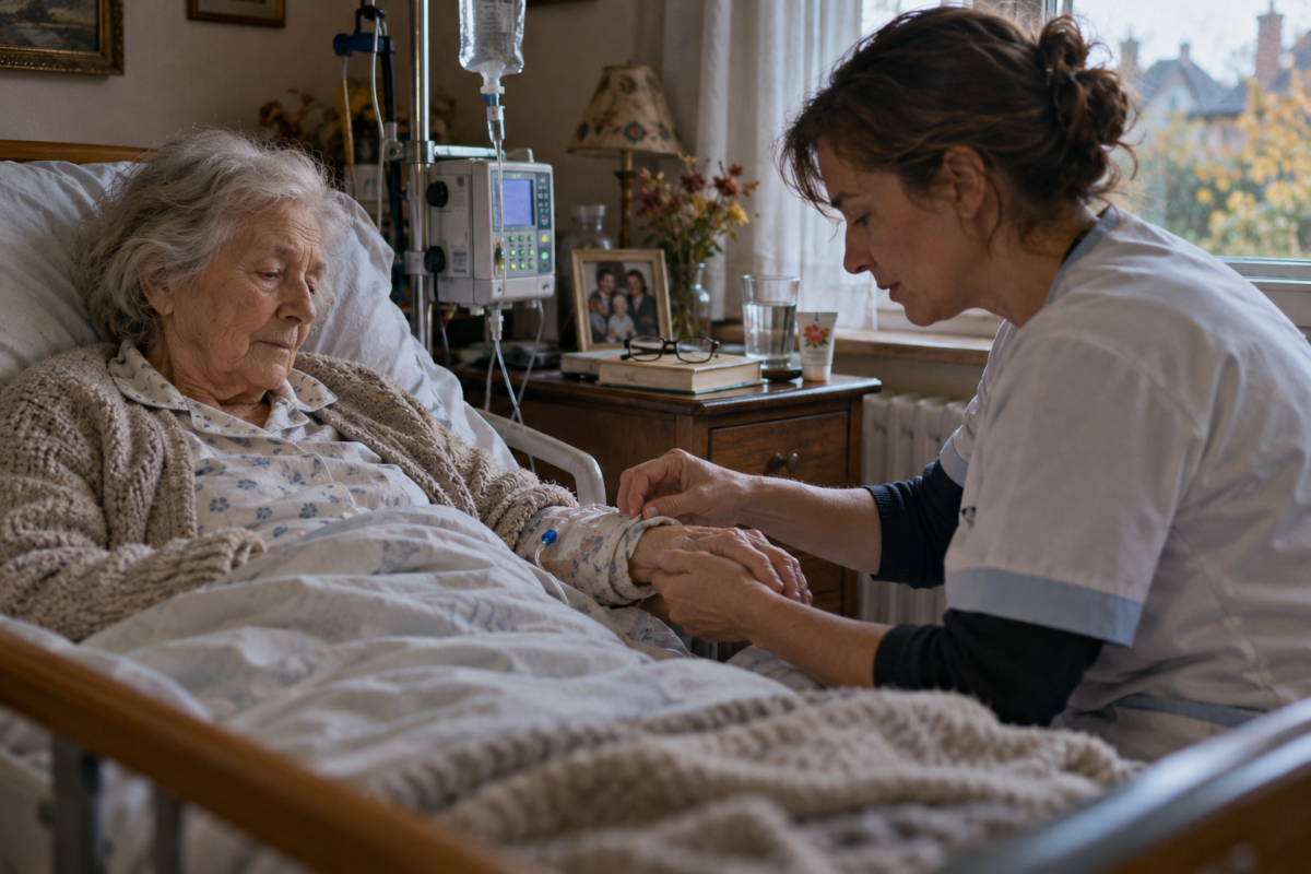Aide-soignante tenant la main d’une femme malade en pyjama et sous perfusion lors de soins à domicile.