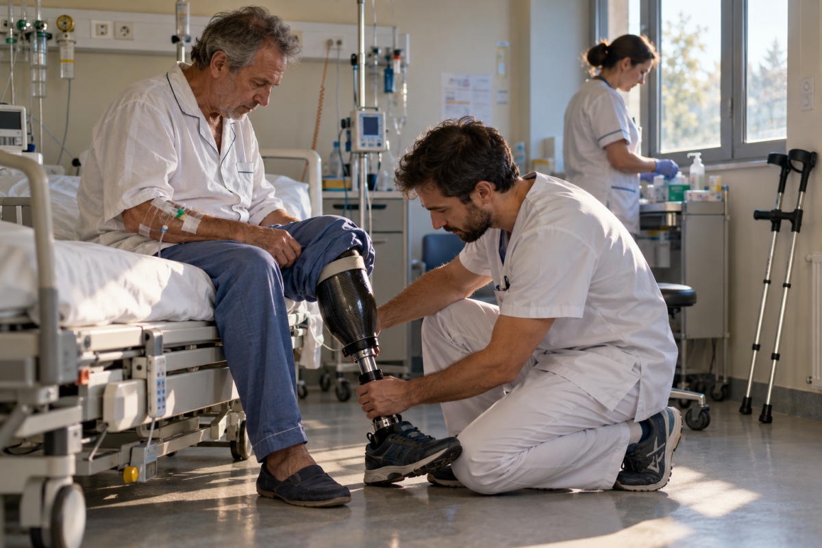 Kinésithérapeute ajustant la prothèse de jambe d’un patient en pyjama et sous perfusion dans un service hospitalier.