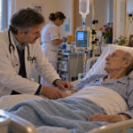 Médecin vérifiant le confort d'un patient gravement malade en pyjama et sous perfusion dans une unité de soins palliatifs.