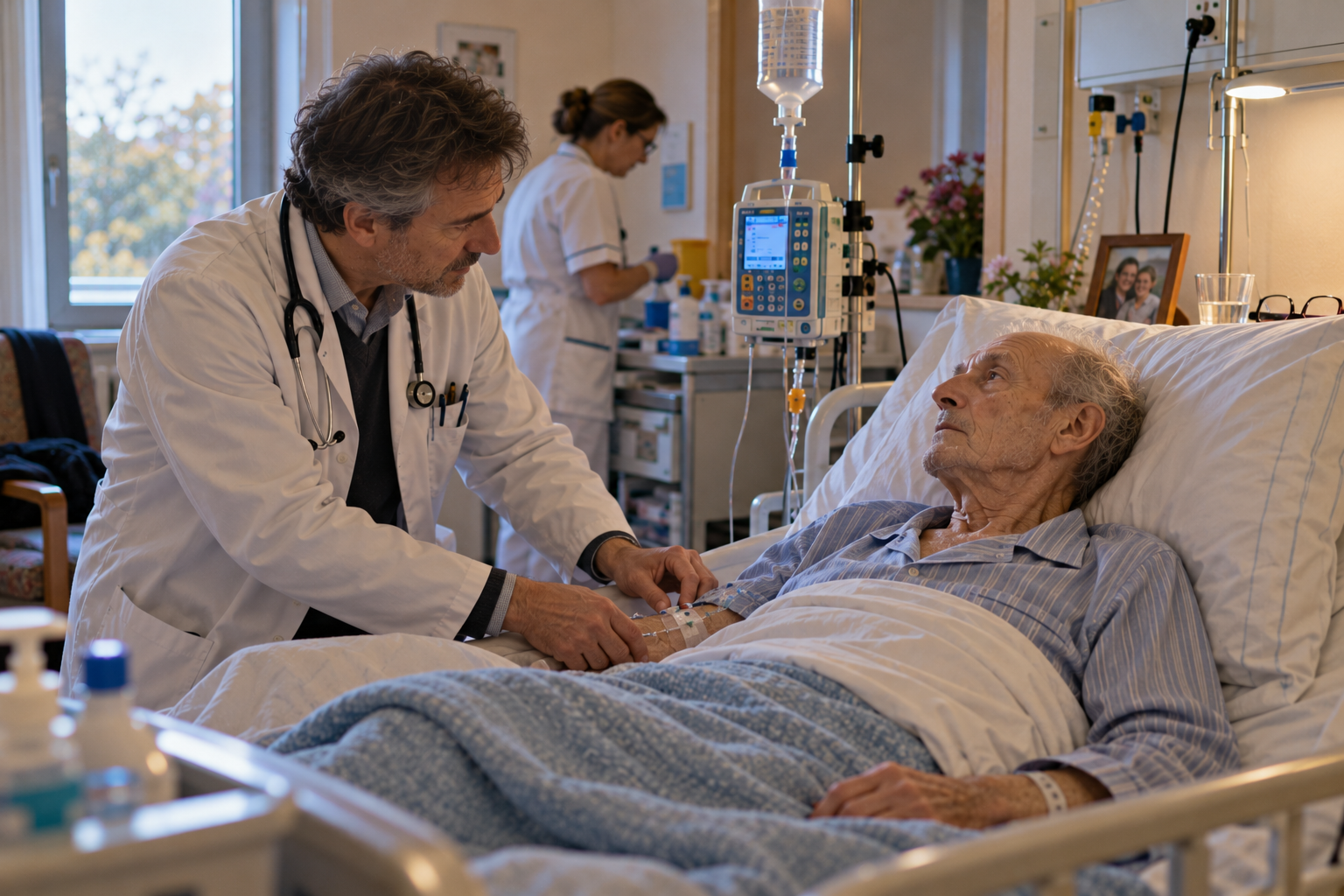Médecin vérifiant le confort d'un patient gravement malade en pyjama et sous perfusion dans une unité de soins palliatifs.