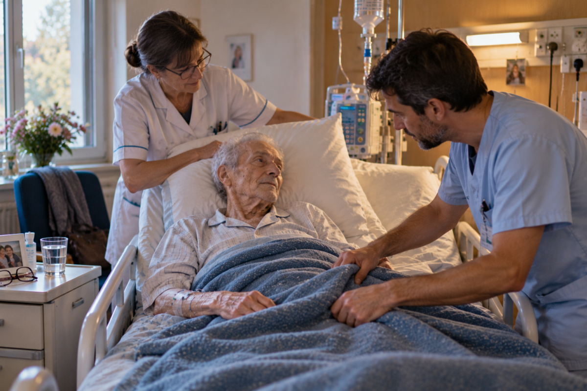 Aide-soignant et infirmière accompagnant un homme âgé gravement malade en pyjama et sous perfusion dans une chambre d'hôpital.