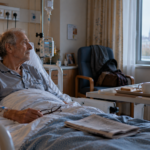 Homme âgé gravement malade, en pyjama et sous perfusion, assis dans son lit d'hôpital près d'une fenêtre.