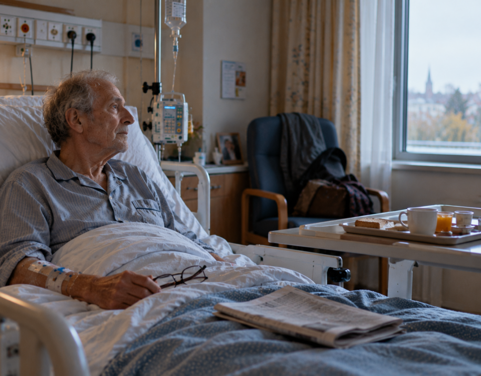Homme âgé gravement malade, en pyjama et sous perfusion, assis dans son lit d'hôpital près d'une fenêtre.