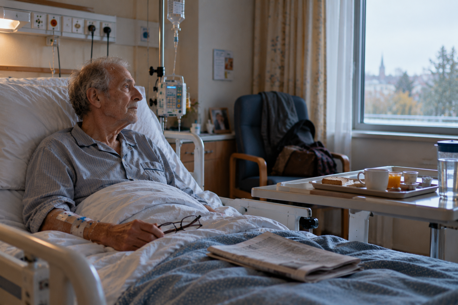 Homme âgé gravement malade, en pyjama et sous perfusion, assis dans son lit d'hôpital près d'une fenêtre.