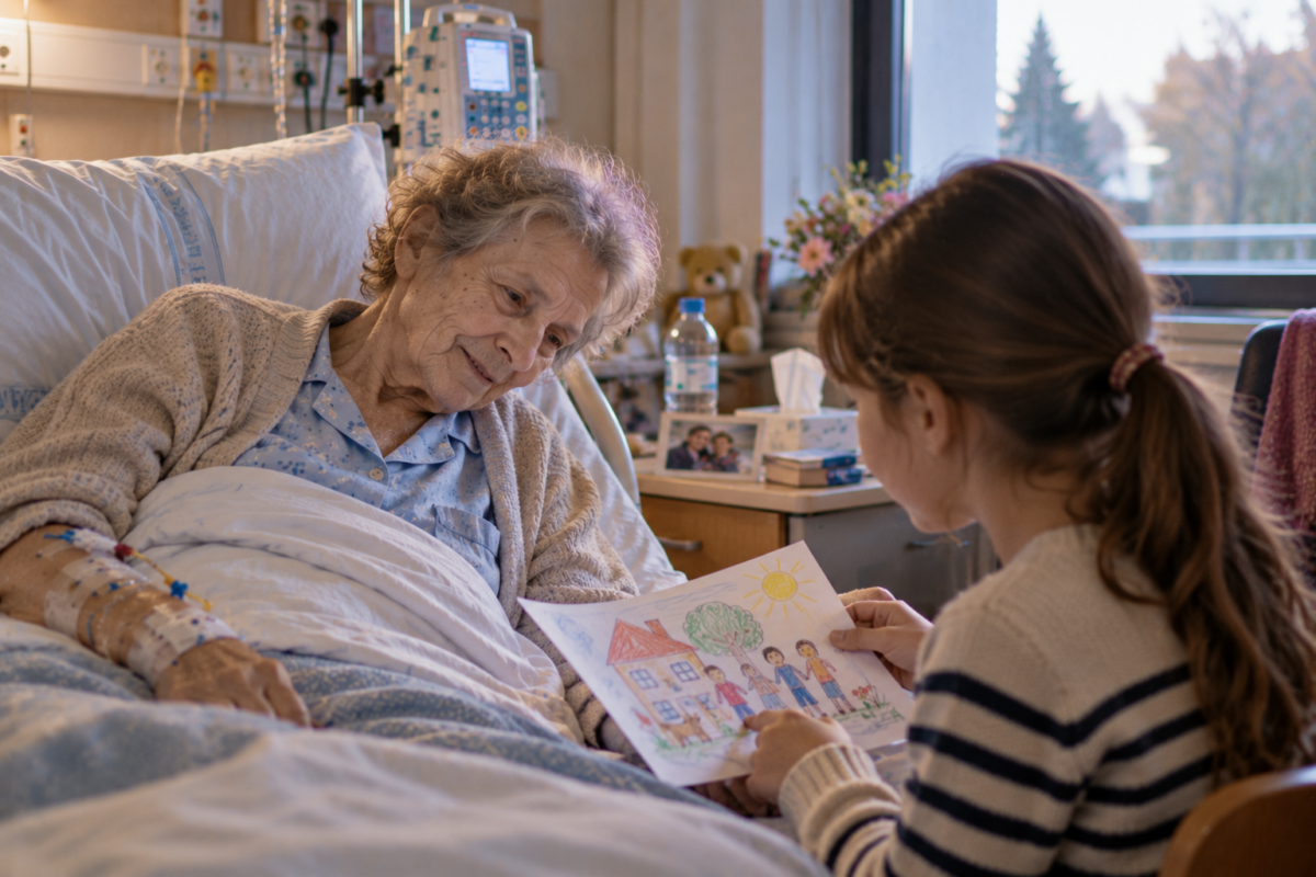 Grand-mère gravement malade en pyjama et sous perfusion regardant le dessin que lui montre sa petite-fille dans une chambre d'hôpital.
